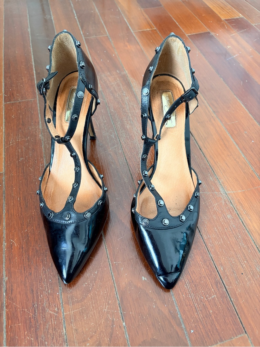Halogen Women’s Black Studded T-Strap Pointed Toe Pumps - Size 8.5